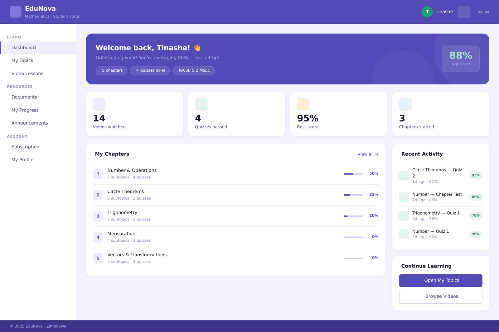 EduNova student dashboard