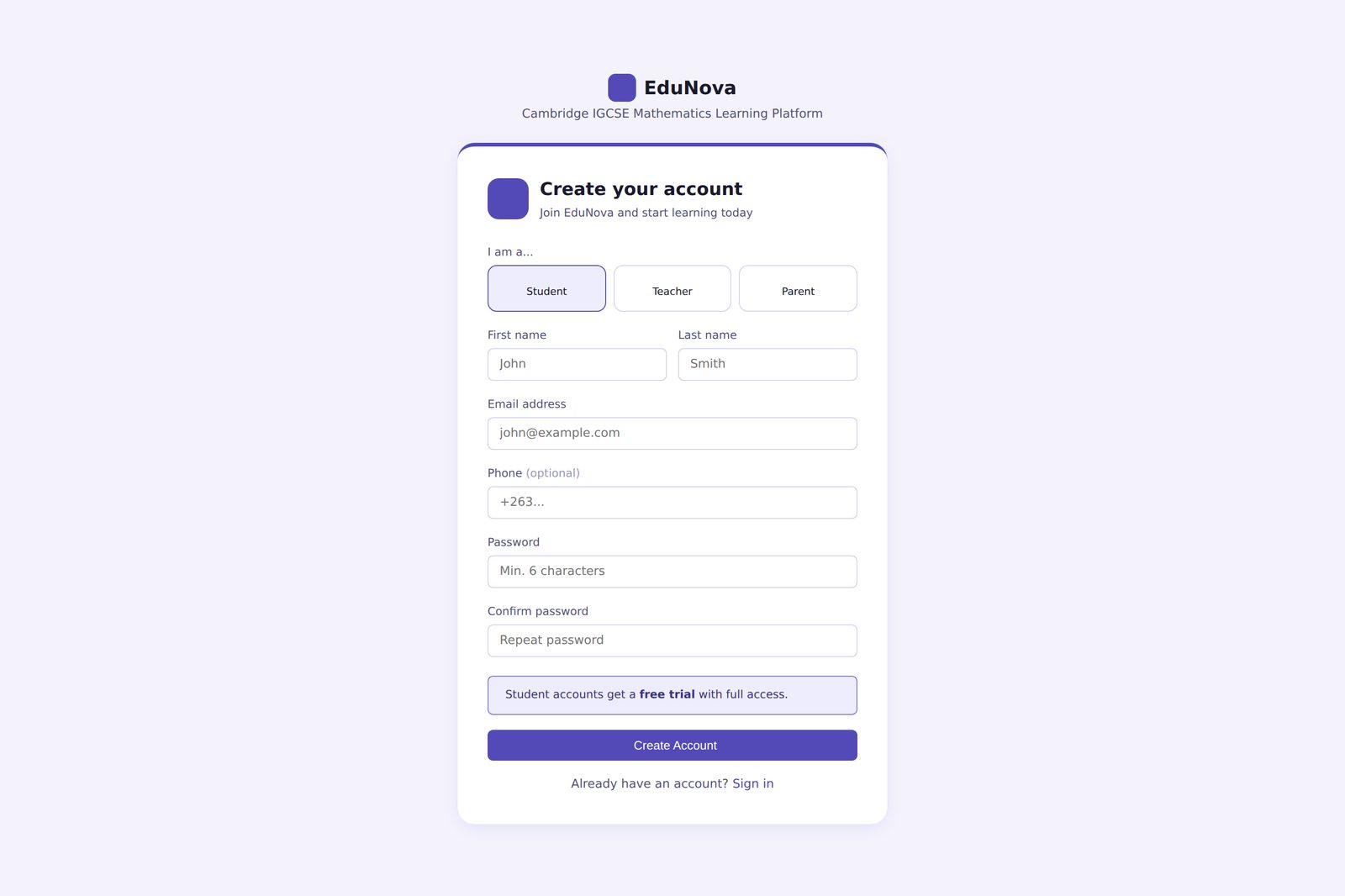 Registration page